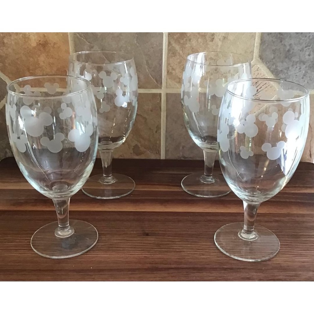 Disney Mickey Mouse Etched Silhouette Stemmed Water Wine Glasses Set of 4 Clear